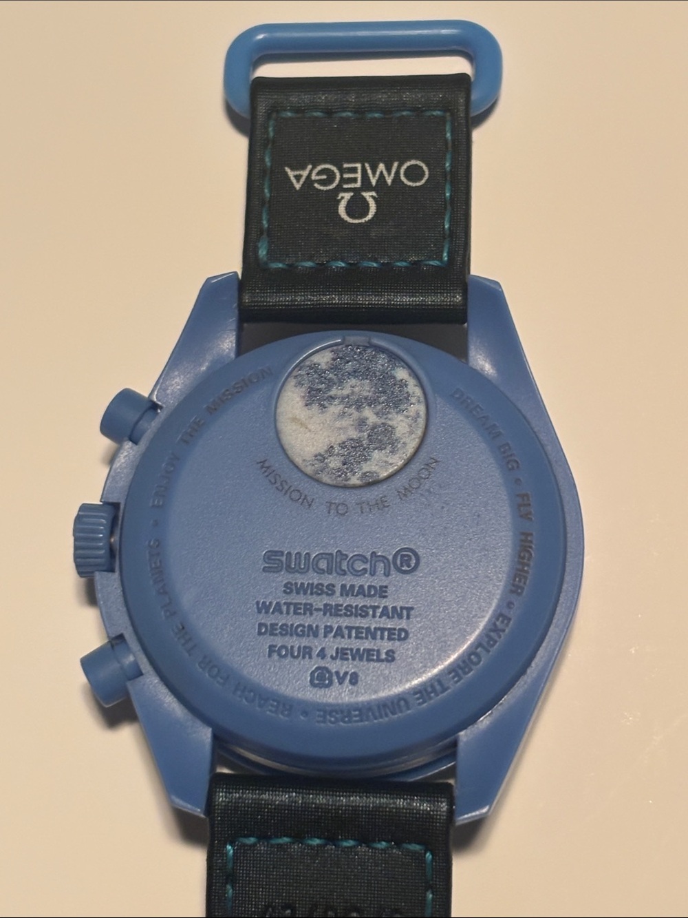 Swatch Blue and White Speedmaster-Style Chronograph Watch just a little scratch